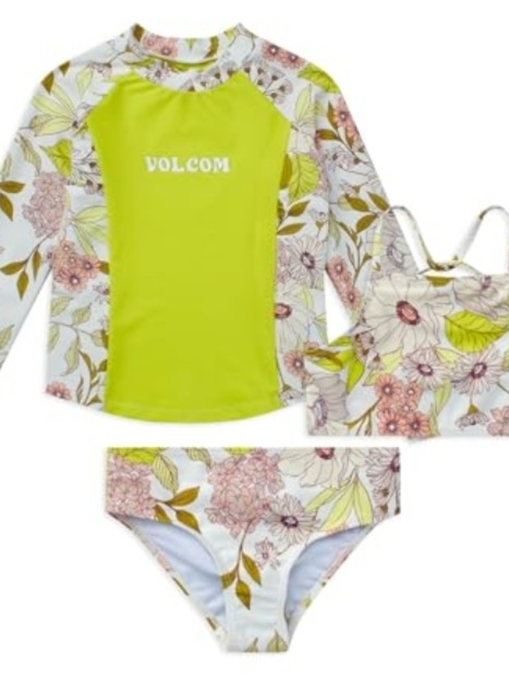Volcom Girl's Lime Green Floral Long Sleeve Rashguard & Swim Suit Set New 14/16